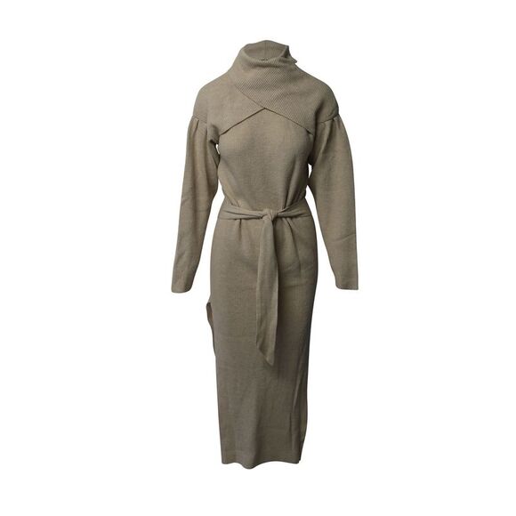 Nanushka Canaan Belted Dress in Beige Merino Wool